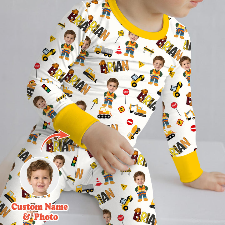 Custom Photo Doodle Little Builder Two Piece Long Sleeve Pajama Set