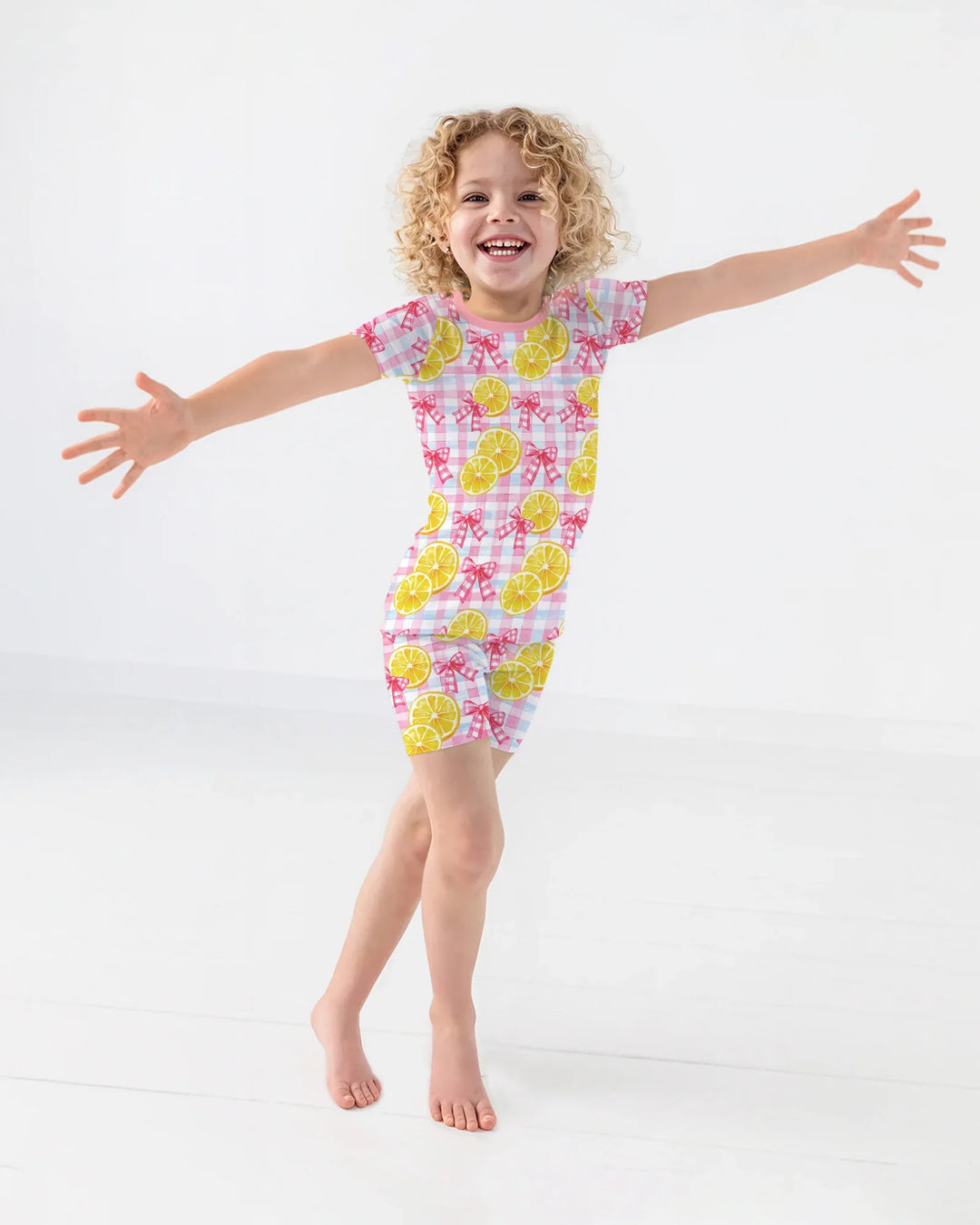 Pink Lemons Bows Checkered Bamboo Two Piece Short Sleeve Shorts Pajama Set