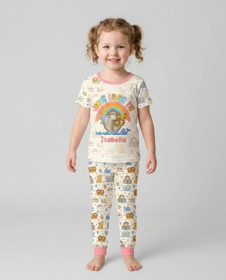 Custom Name Noah's Ark Jesus Loves Me Bamboo Two Piece Short Sleeve Pajama Set