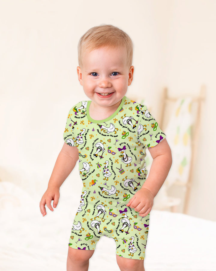 Mardi Gras Silly Goose Two Piece Short Sleeve Shorts Pajama Set
