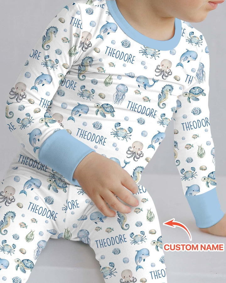 Custom Name Ocean Friends Bamboo Two Piece Long Sleeve Pajama Set