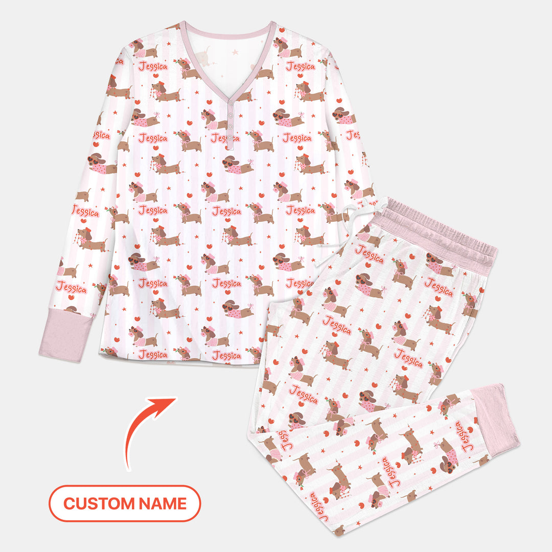 Custom Name Valentine Dachshund Family Matching Women Pajama Set For Christmas
