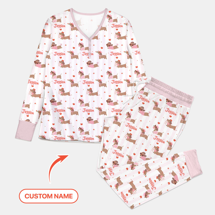 Custom Name Valentine Dachshund Family Matching Women Pajama Set For Christmas