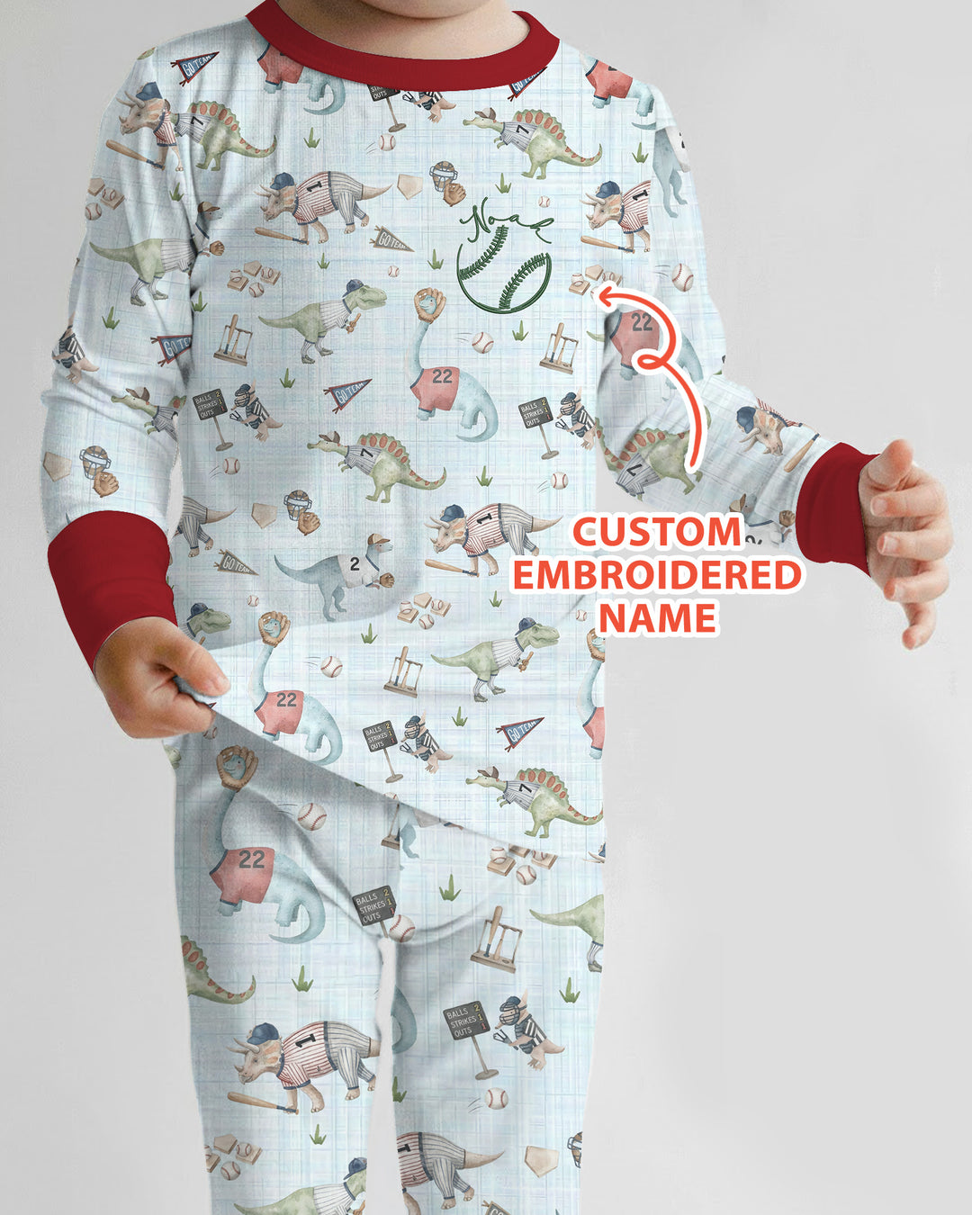 Custom Embroidered Dinosaurs Baseball  Bamboo Two Piece Long Sleeve Pajama Set