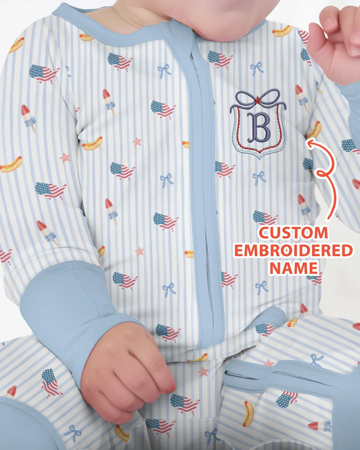 Pijama enterizo convertible de bambú bordado personalizado del 4 de julio