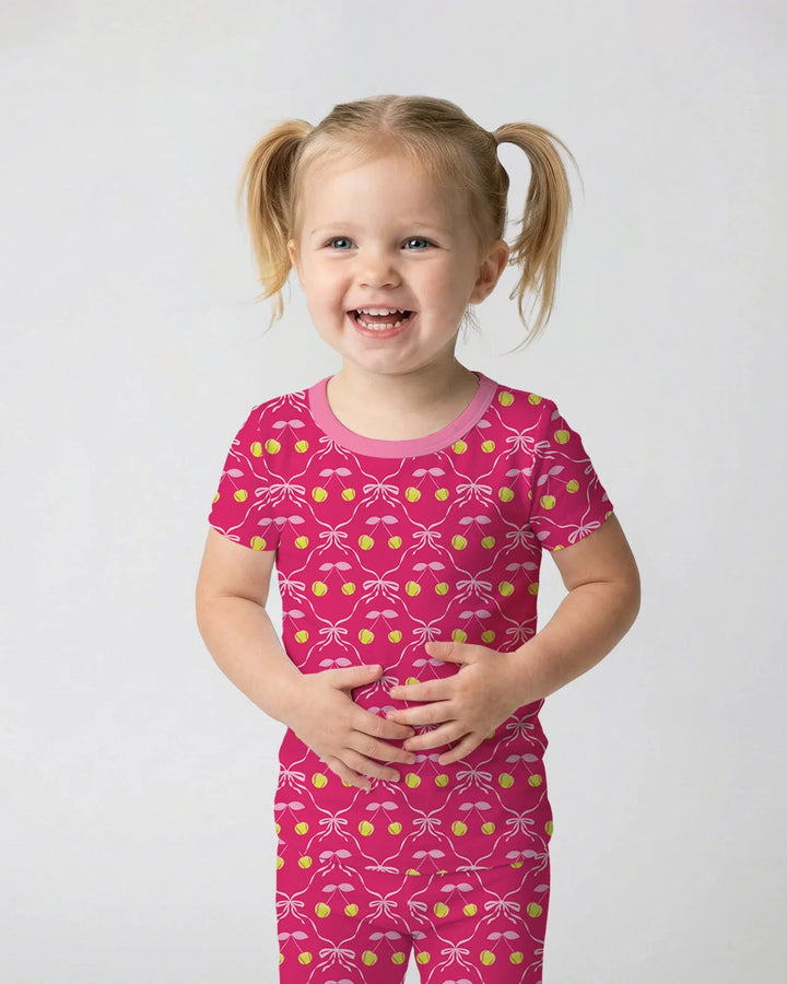 Cherry Baseball Softball Mom and Girl Matching Bamboo Two Piece Short Sleeve Pajama Set