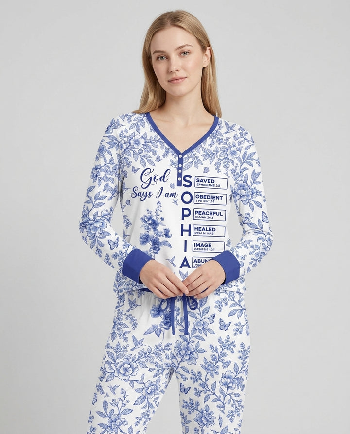 God Says I Am Letter In Bible Birth Flower Toile De Jouy  Bamboo Women Pajama Set