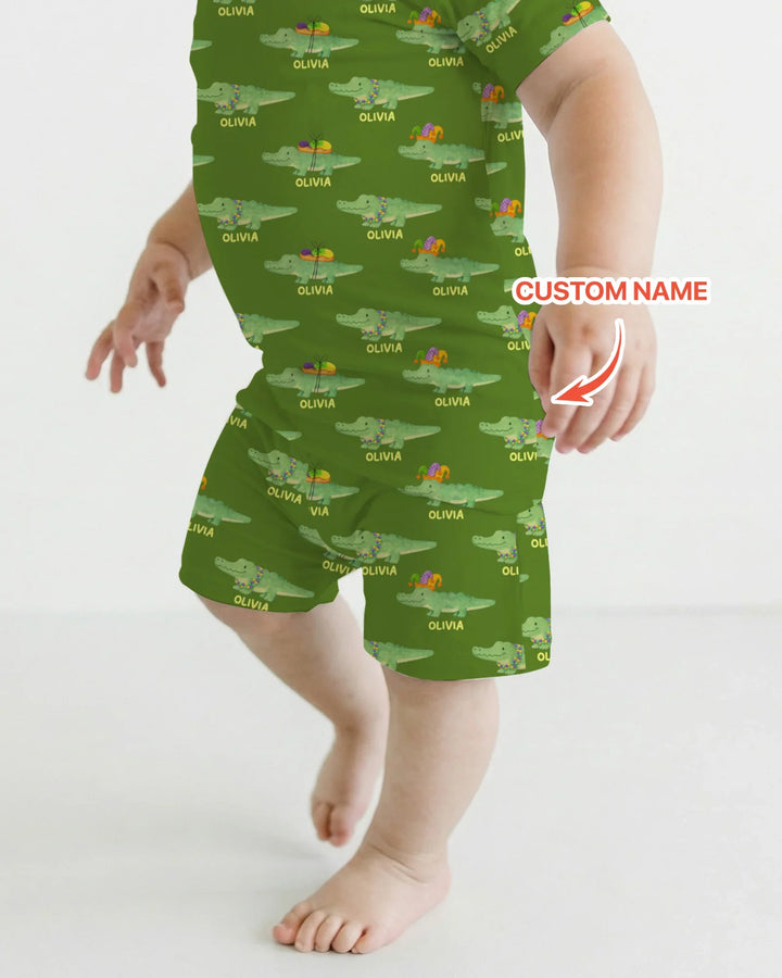 Custom Name Mardi Gras Gator Two Piece Short Sleeve Shorts Pajama Set
