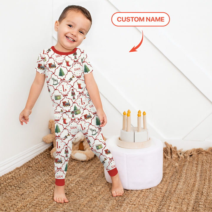 Vintage Christmas Toy Custom Name Boy Two Piece Short Sleeve Pajama Set , Vintage Christmas Toy Custom Name Boy Two Piece Short Sleeve Pajama Set - 12-18M