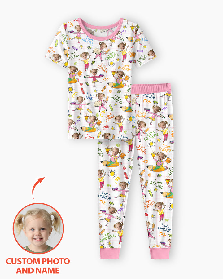 Custom Photo Kid Affirmations I Am Kind Bamboo Two Piece Short Sleeve Pajama Set