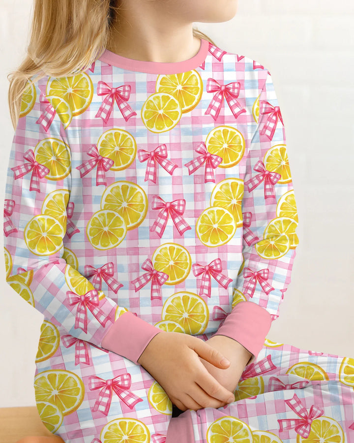 Pink Lemons Bows Checkered Bamboo Two Piece Long Sleeve Pajama Set
