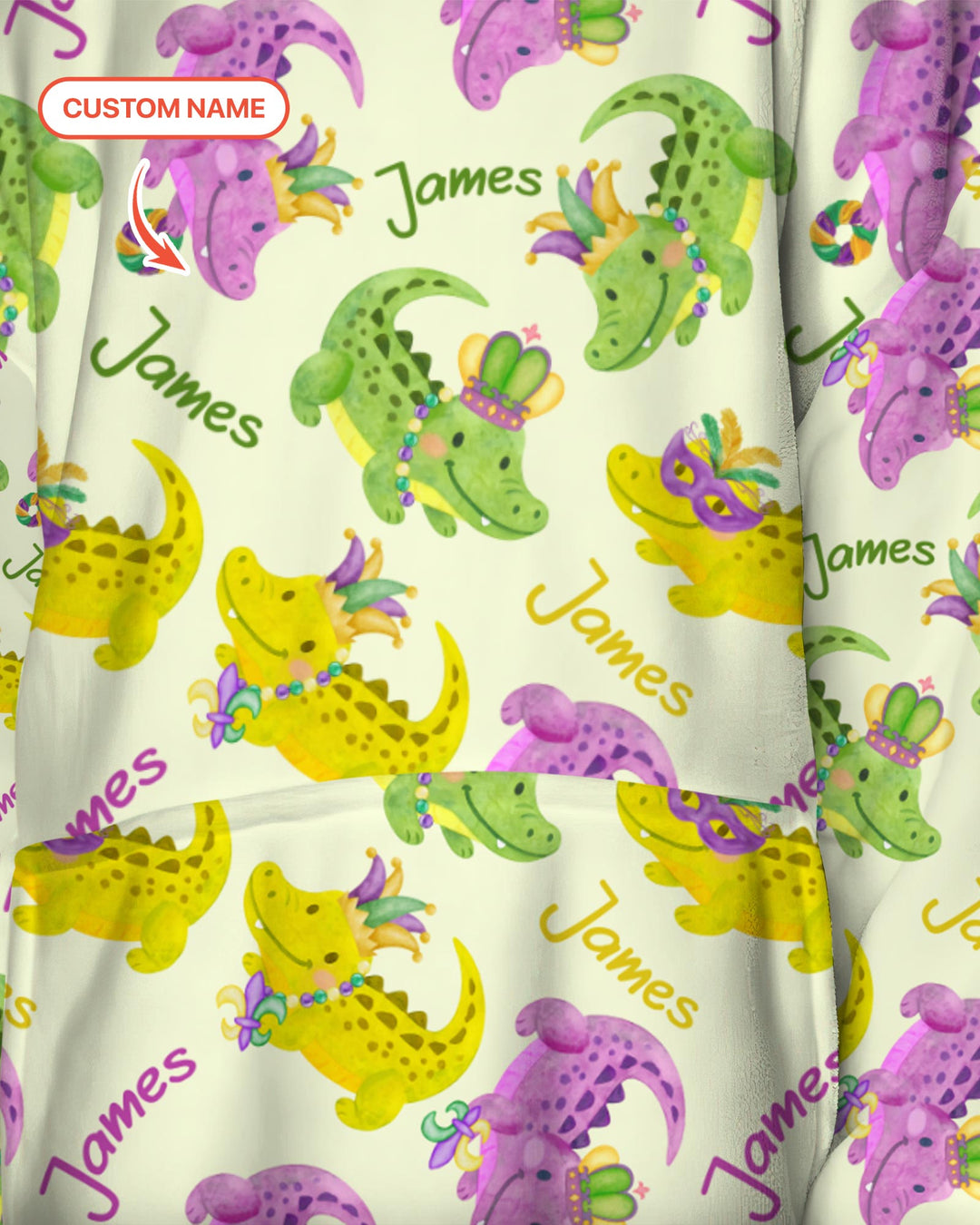 Custom Name Mardi Gras Alligator Wearable Blanket Hoodie