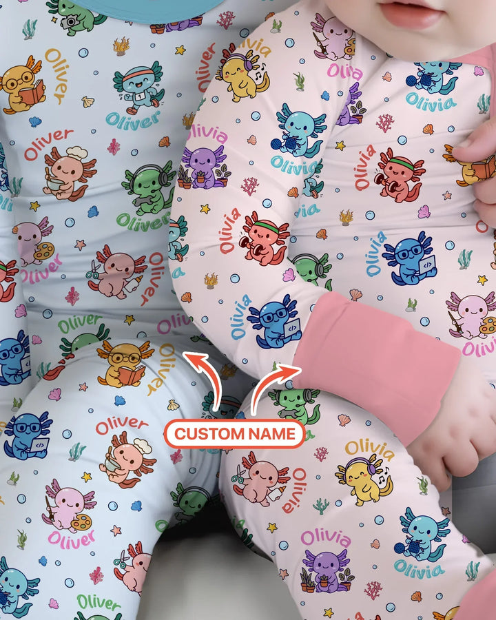 Custom Name Cute Hobby Axolotl Two Piece Long Sleeve Pajama Set