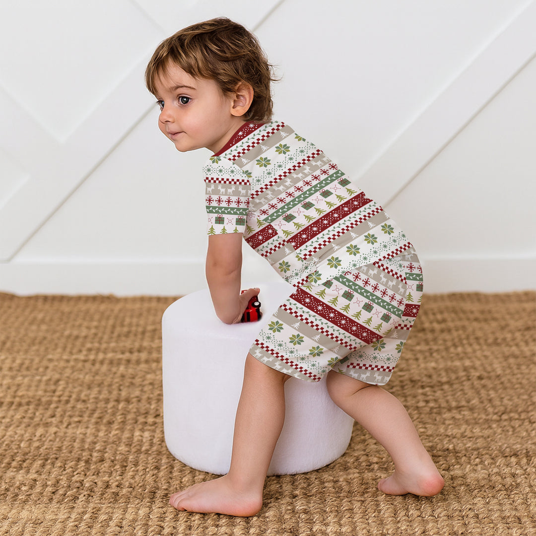 Christmas Fair Isle Red and Green Two Piece Short Sleeve Shorts Pajama Set
