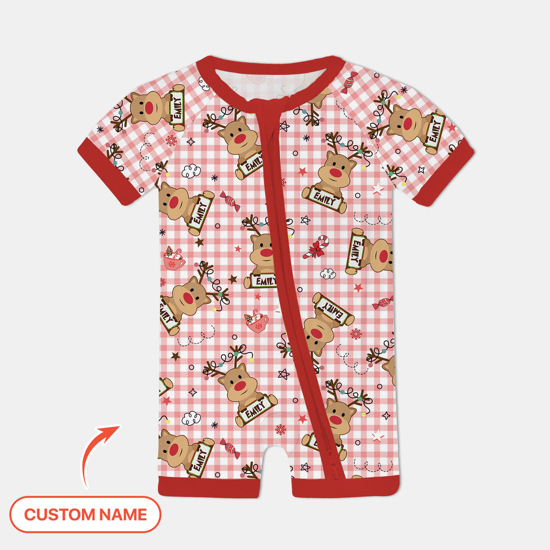 Custom Name Reindeer Gingham Shorty Zippy