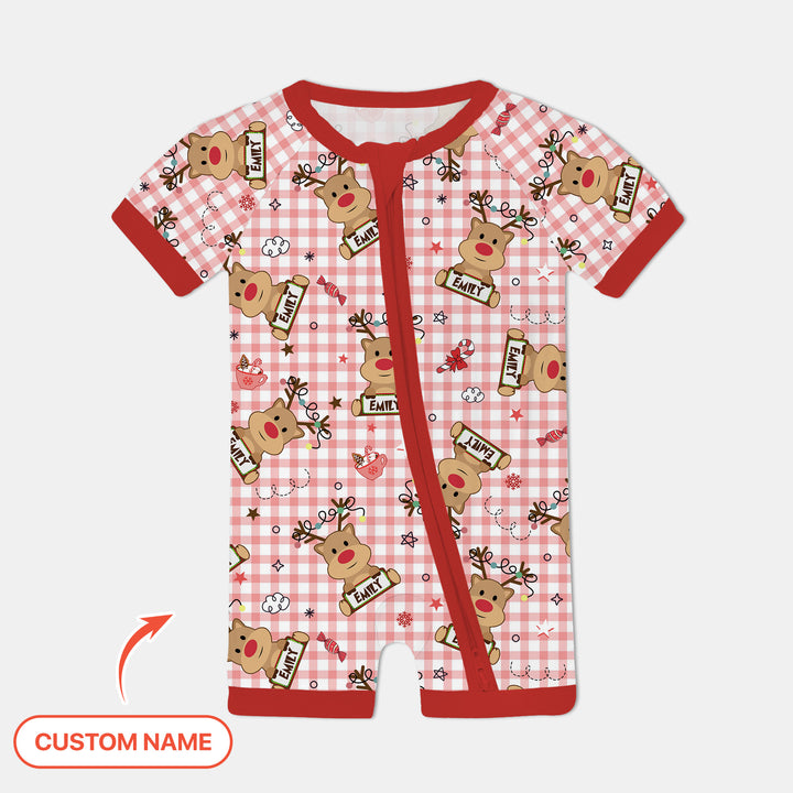 Custom Name Reindeer Gingham Shorty Zippy