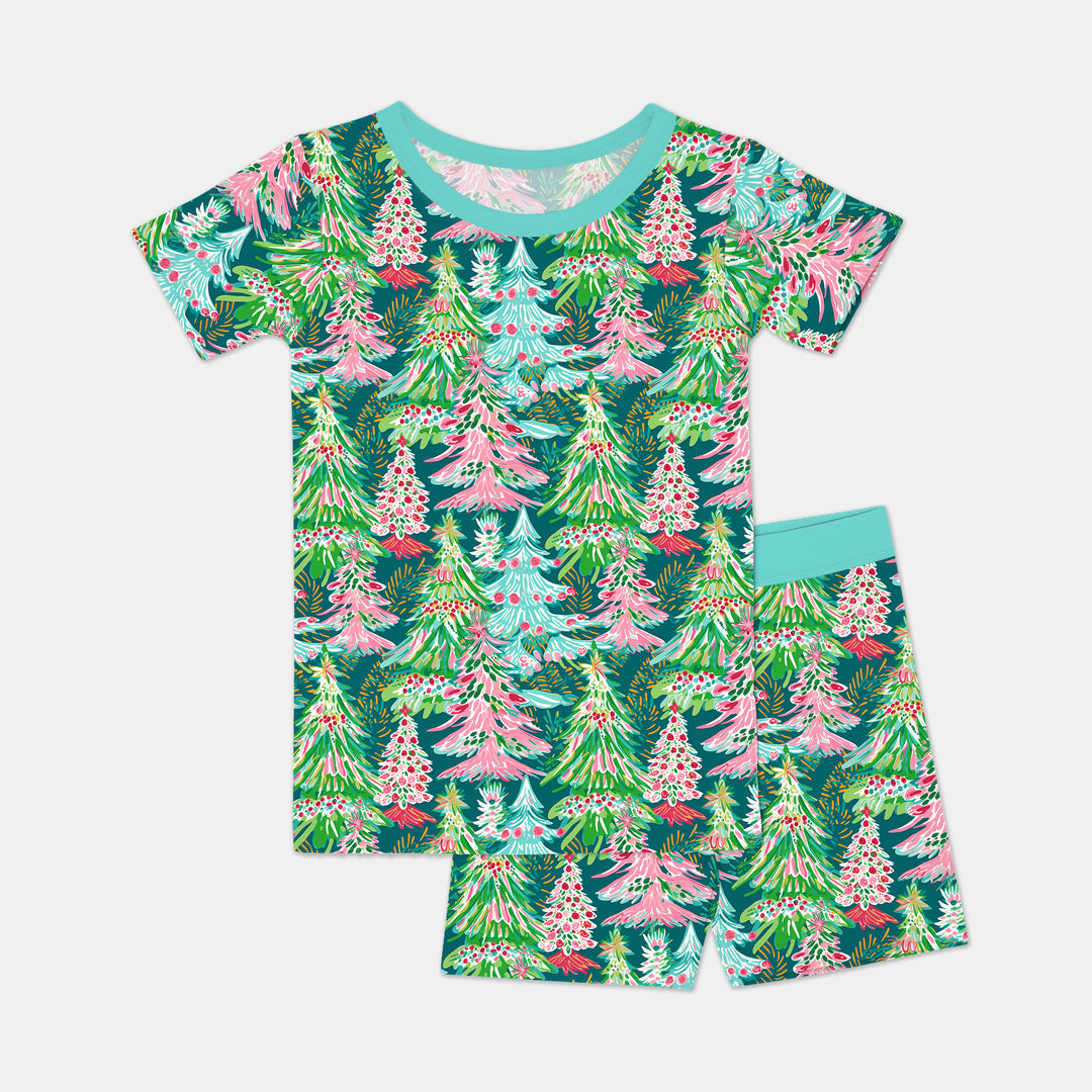 Brushstroke Merry Trees Two Piece Short Sleeve Shorts Pajama Set