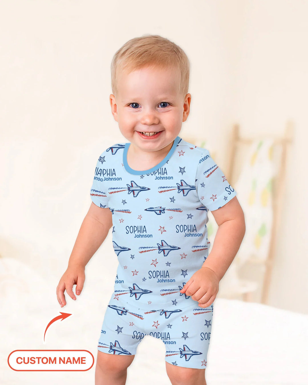 Patriotic American Flag Jet Fighter Bamboo Two Piece Short Sleeve Shorts Pajama Set