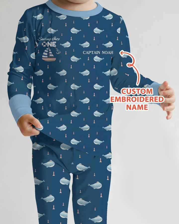 Custom Embroidered Name 1st Birthday Boy Bamboo Two Piece Long Sleeve Pajama Set