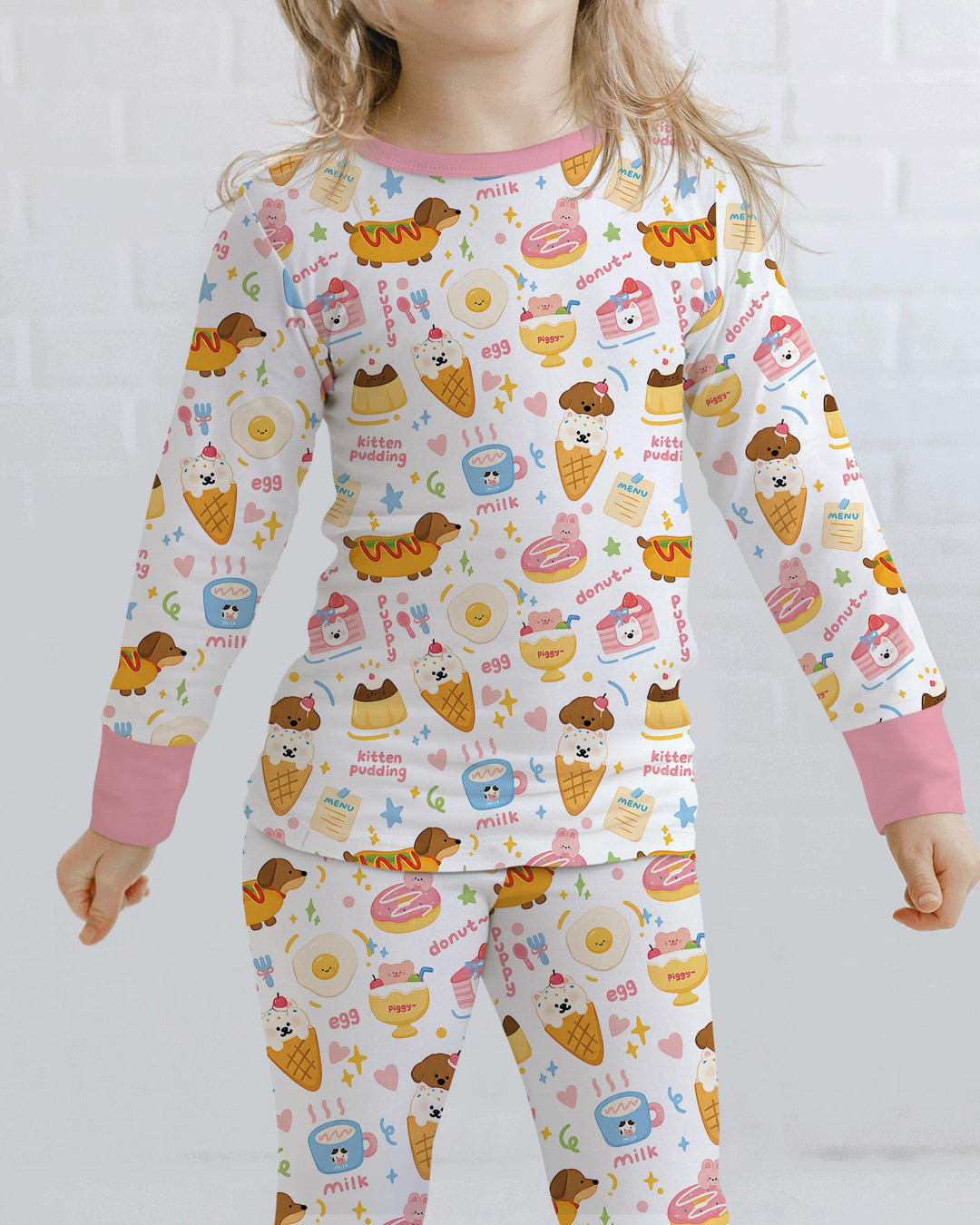Cute Snack And Puppy Bamboo Two Piece Long Sleeve Pajama Set