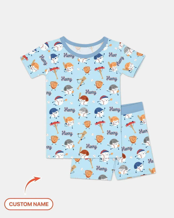 Custom Name Ballparl Family Matching Bamboo Two Piece Short Sleeve Shorts Pajama Set