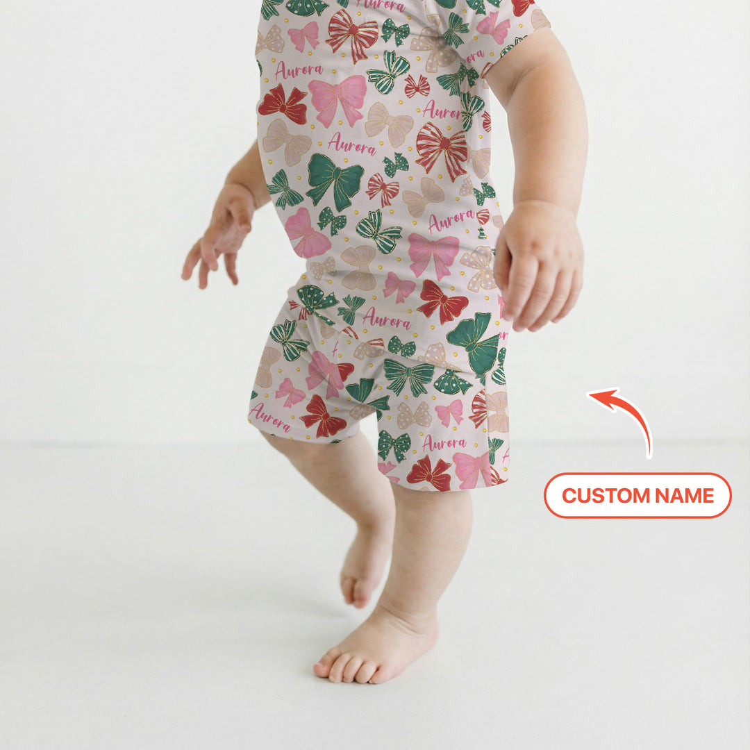 Custom Name Preppy Coquette Bows Two Piece Short Sleeve Shorts Pajama Set