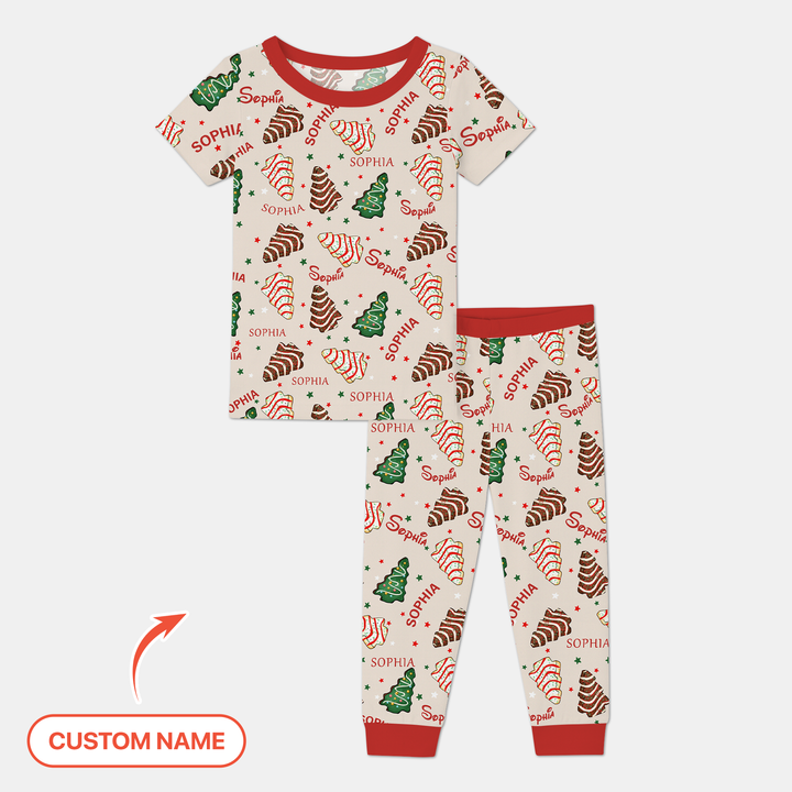 Christmas Tree Cake Custom Name Two Piece Short Sleeve Pajama Set