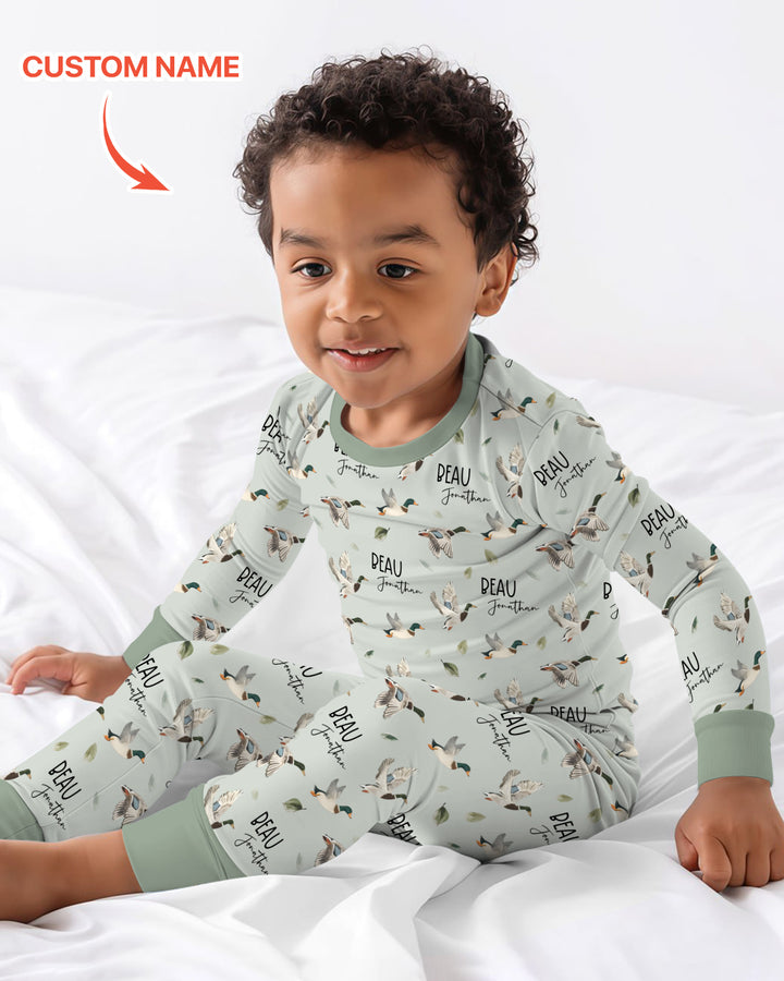 Custom Name Mallard Duck Two Piece Long Sleeve Pajama Set