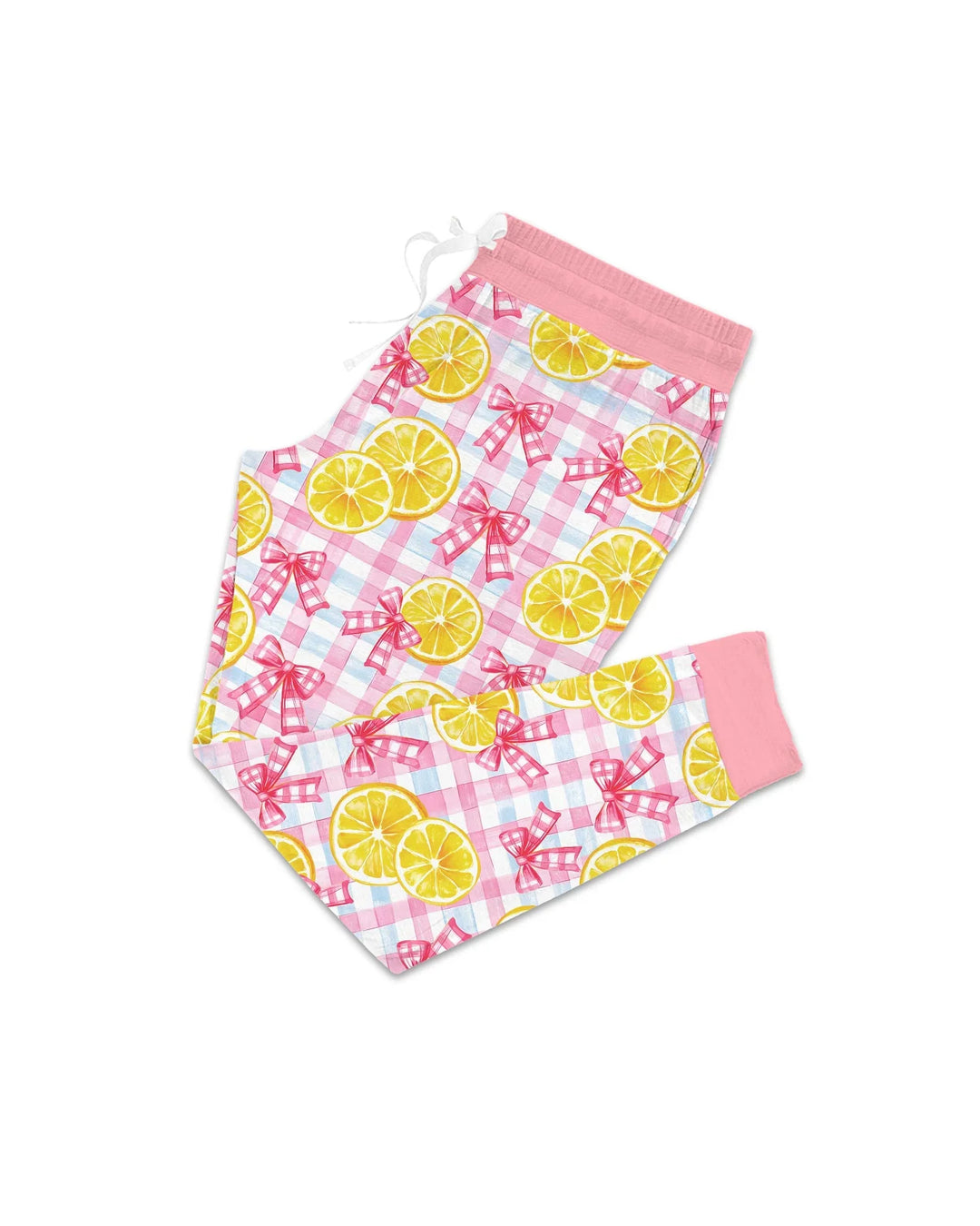 Pink Lemons Bows Checkered Bamboo Women Pajama Set