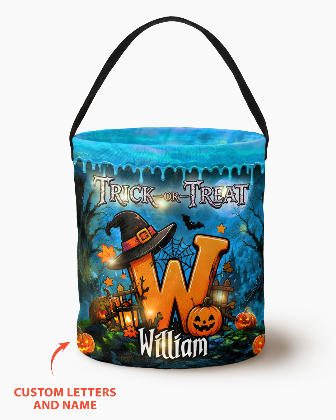 Halloween Initials Spooky Ghost Trick Or Treat Led Light Bucket Bag