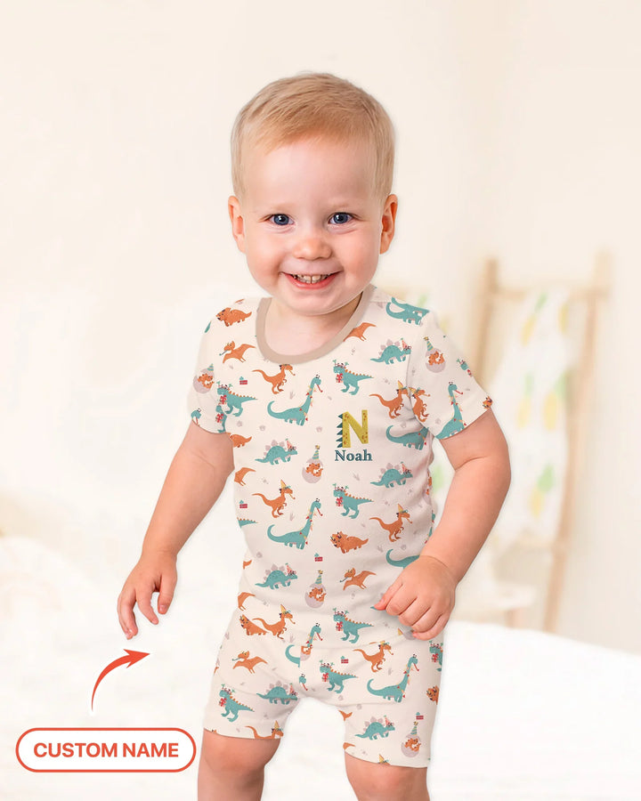 Conjunto de pijama de dos piezas de bambú con dinosaurios bordados, de manga corta y pantalones cortos