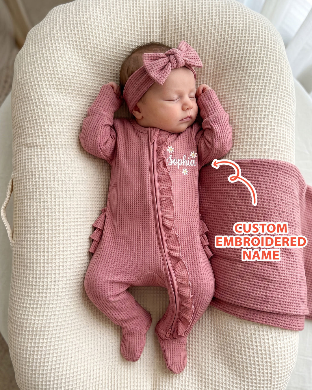 Custom Name With Daisy Embroidered Waffle Ruffle Bamboo Zipper Footie