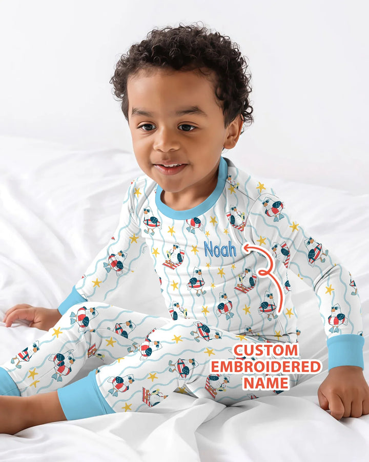 Conjunto de pijama de dos piezas personalizado bordado de bambú para bebé con gaviota veraniega y manga larga