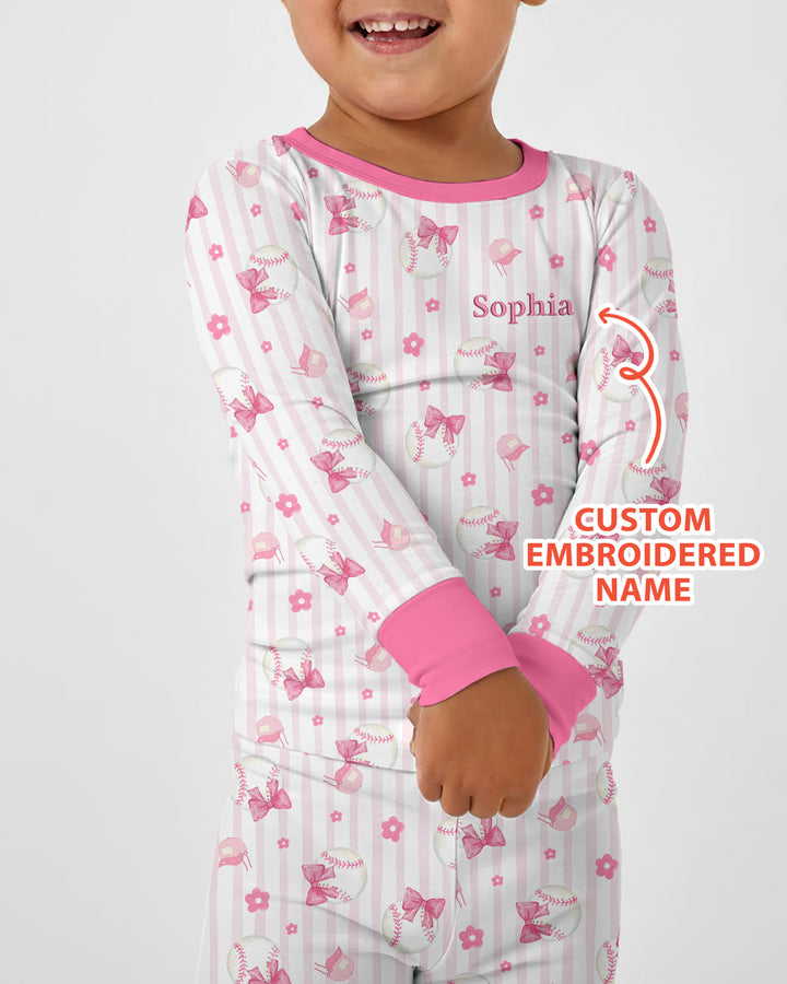 Custom Embroidered Name Baseball Girl Bamboo Two Piece Long Sleeve Pajama Set