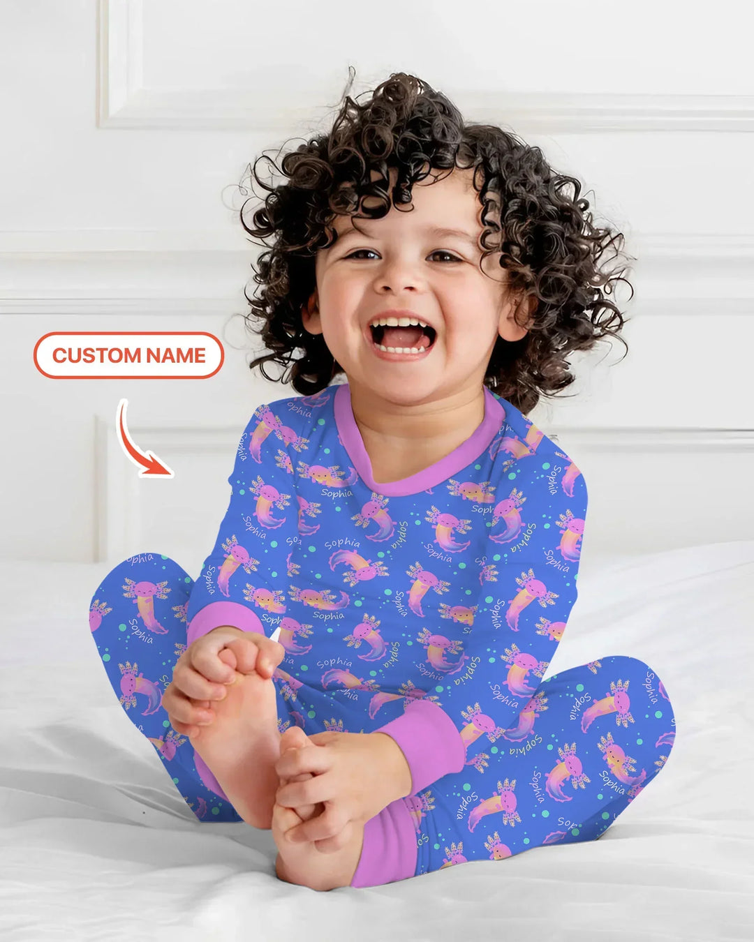 Pijama de dos piezas de manga larga de bambú con nombre personalizado y diseño de ajolote que brilla en la oscuridad