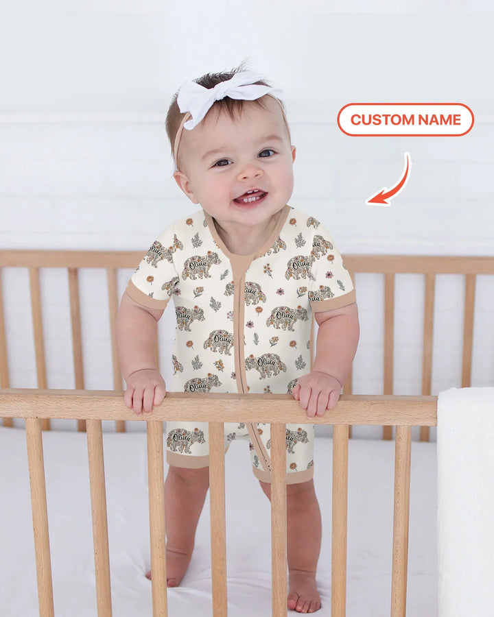 Custom Name Floral Bear Family Matching Bamboo Shorty Zippy