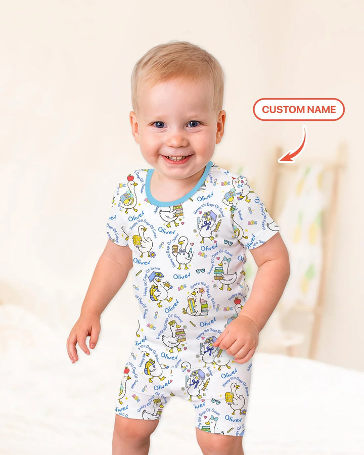 Custom Name Goose Happy 100 Days Of School Two Piece Short Sleeve Shorts Pajama Set