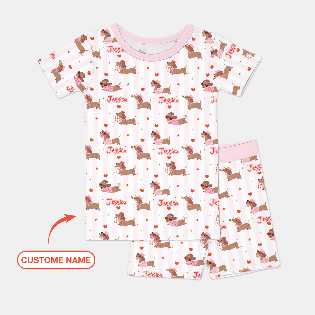 Custom Name Valentine Dachshund Family Matching Two Piece Short Sleeve Shorts Pajama Set