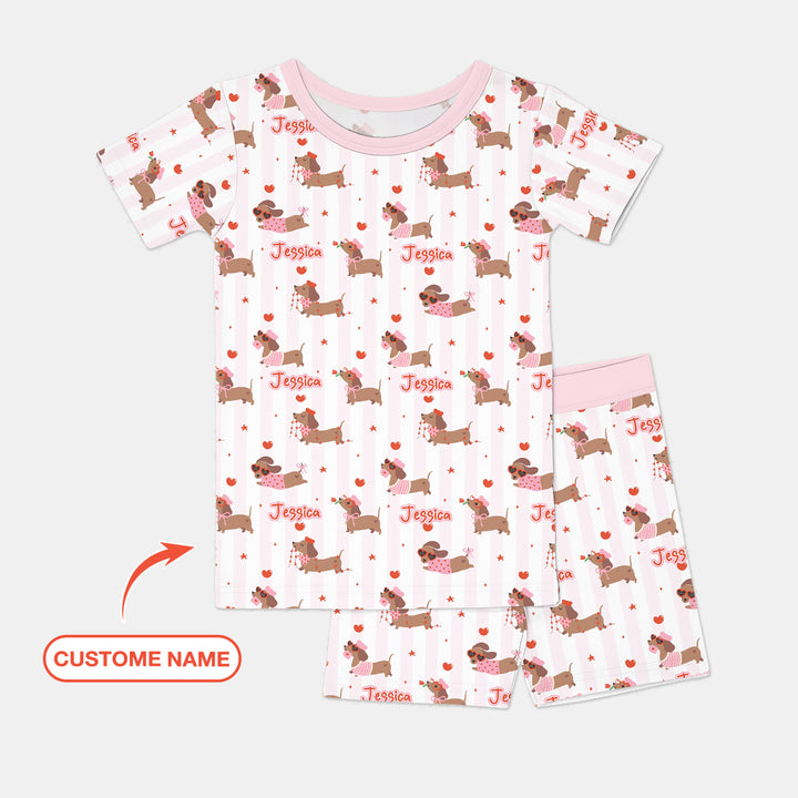Custom Name Valentine Dachshund Family Matching Two Piece Short Sleeve Shorts Pajama Set