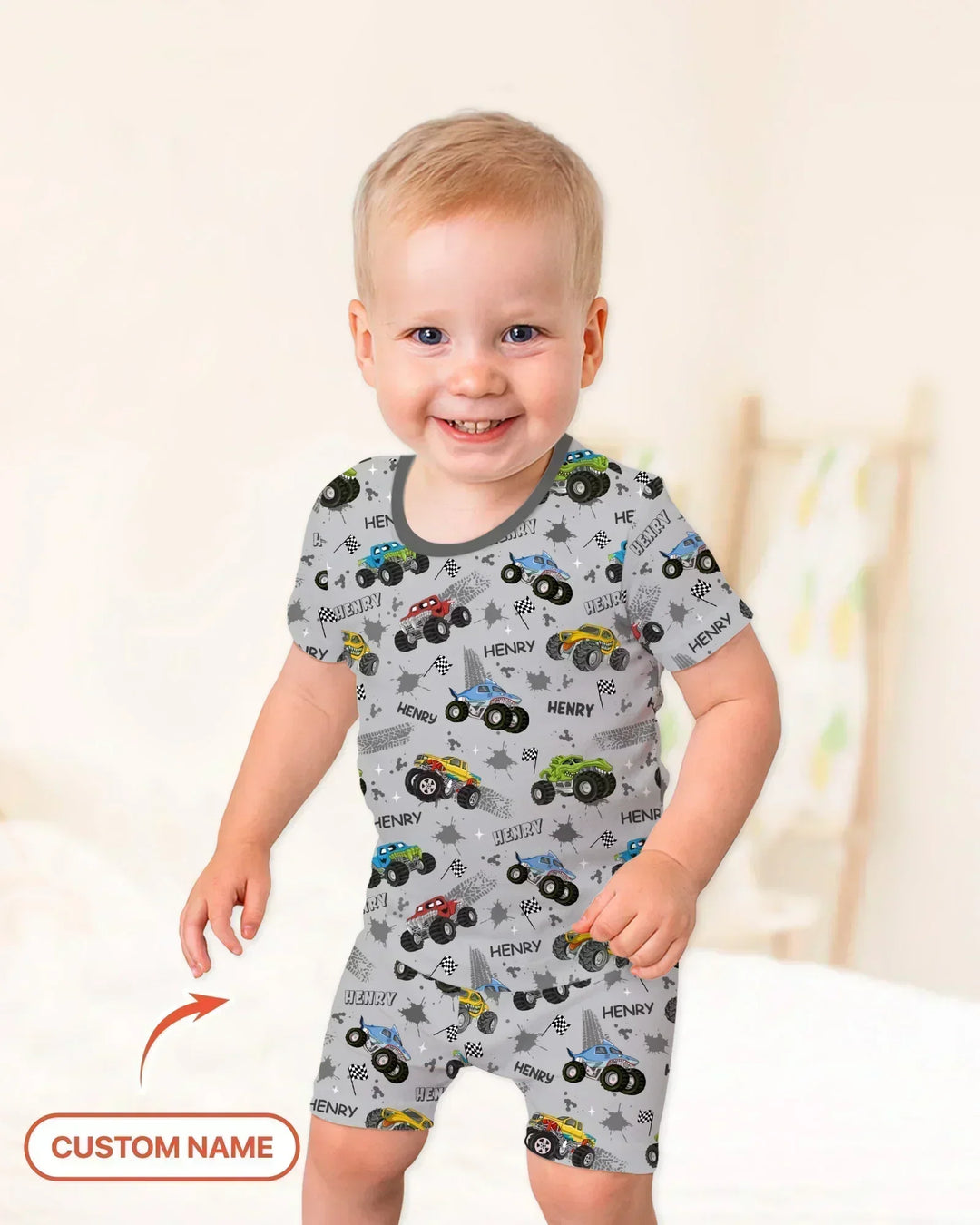 Monster Truck Dirt Jam Custom Name Daddy & Me Matching Two Piece Short Sleeve Shorts Pajama Set