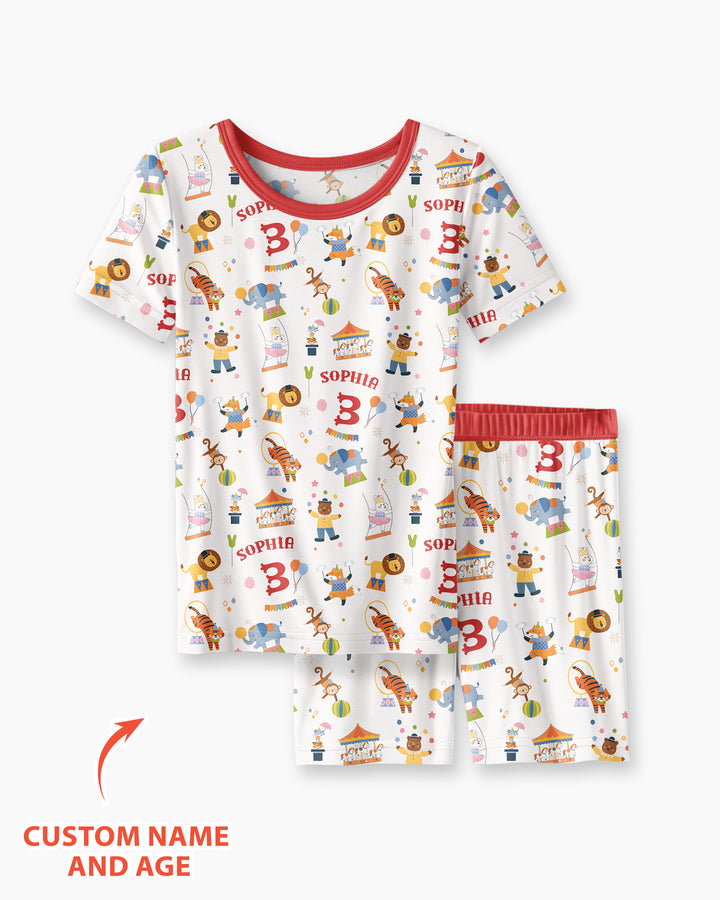 Custom Name Birthday Circus Bamboo Two Piece Short Sleeve Shorts Pajama Set