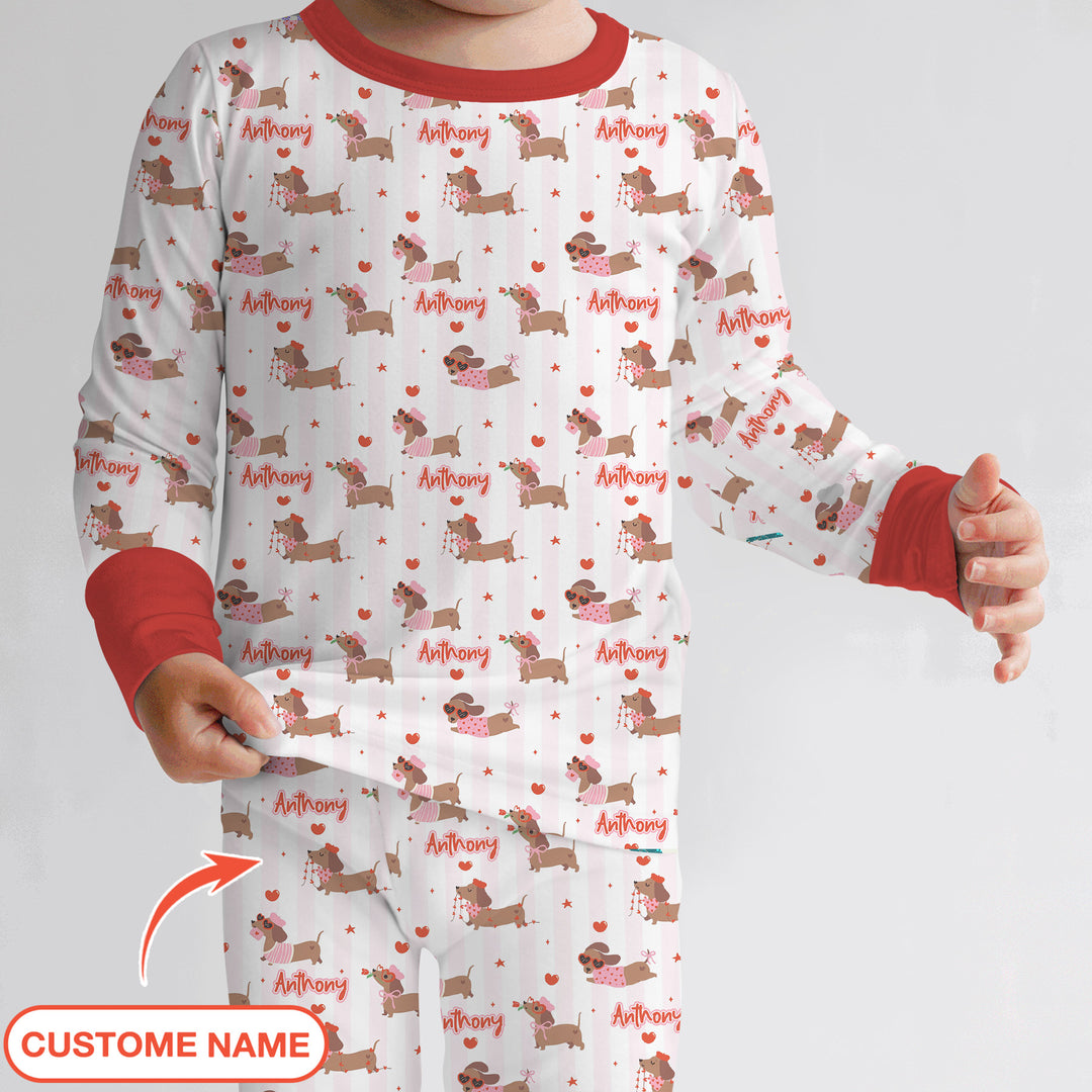 Custom Name Valentine Dachshund Family Matching Two Piece Long Sleeve Pajama Set
