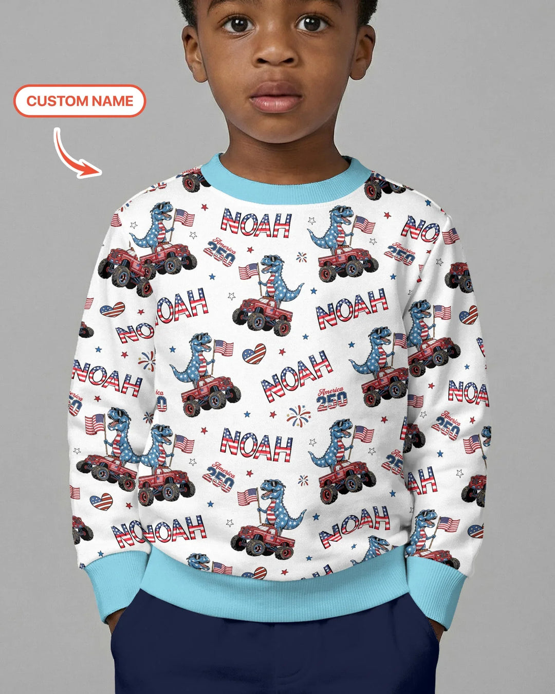 Custom Name American Flag Dinosaur Bamboo Crewneck Sweatshirt