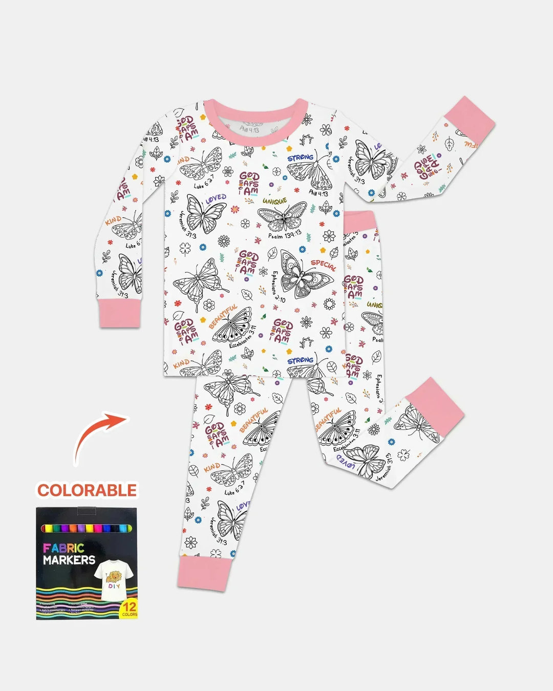 Colorable God Says I Am Butterfly Two Piece Long Sleeve Pajama Set