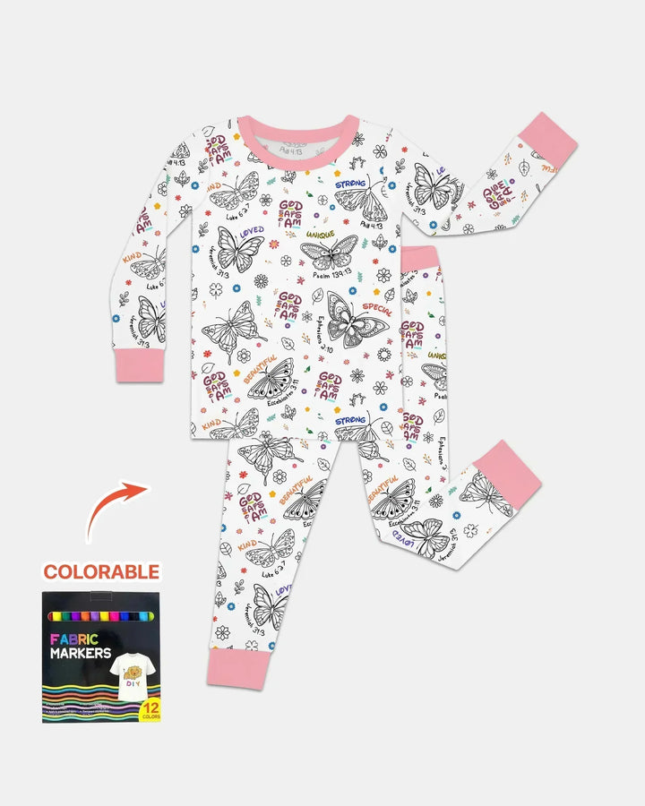 Colorable God Says I Am Butterfly Two Piece Long Sleeve Pajama Set