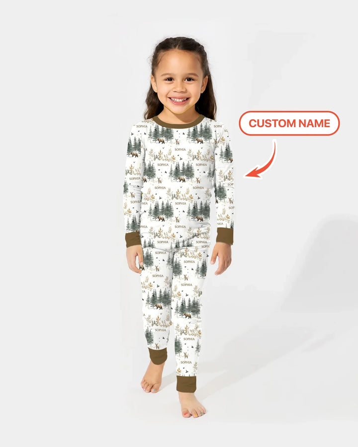 Custom Name Forest Bear Deer Bamboo Two Piece Long Sleeve Pajama Set