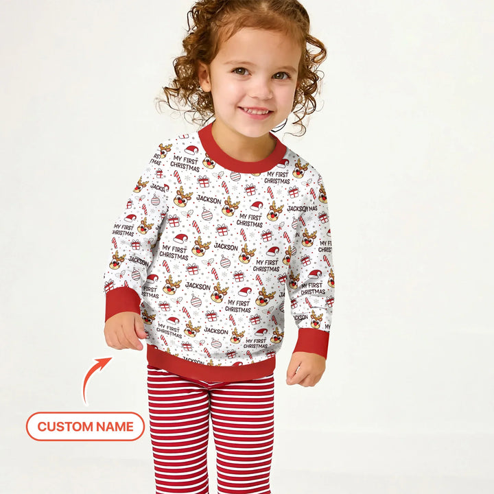 Custom Name Reindeer Doodle My First Christmas Crewneck Sweatshirt