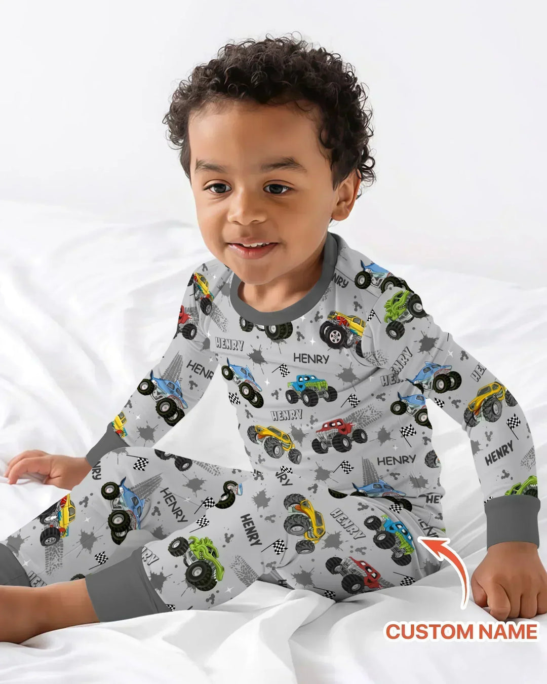 Monster Truck Dirt Jam Custom Name Daddy & Me Matching Two Piece Long Sleeve Pajama Set