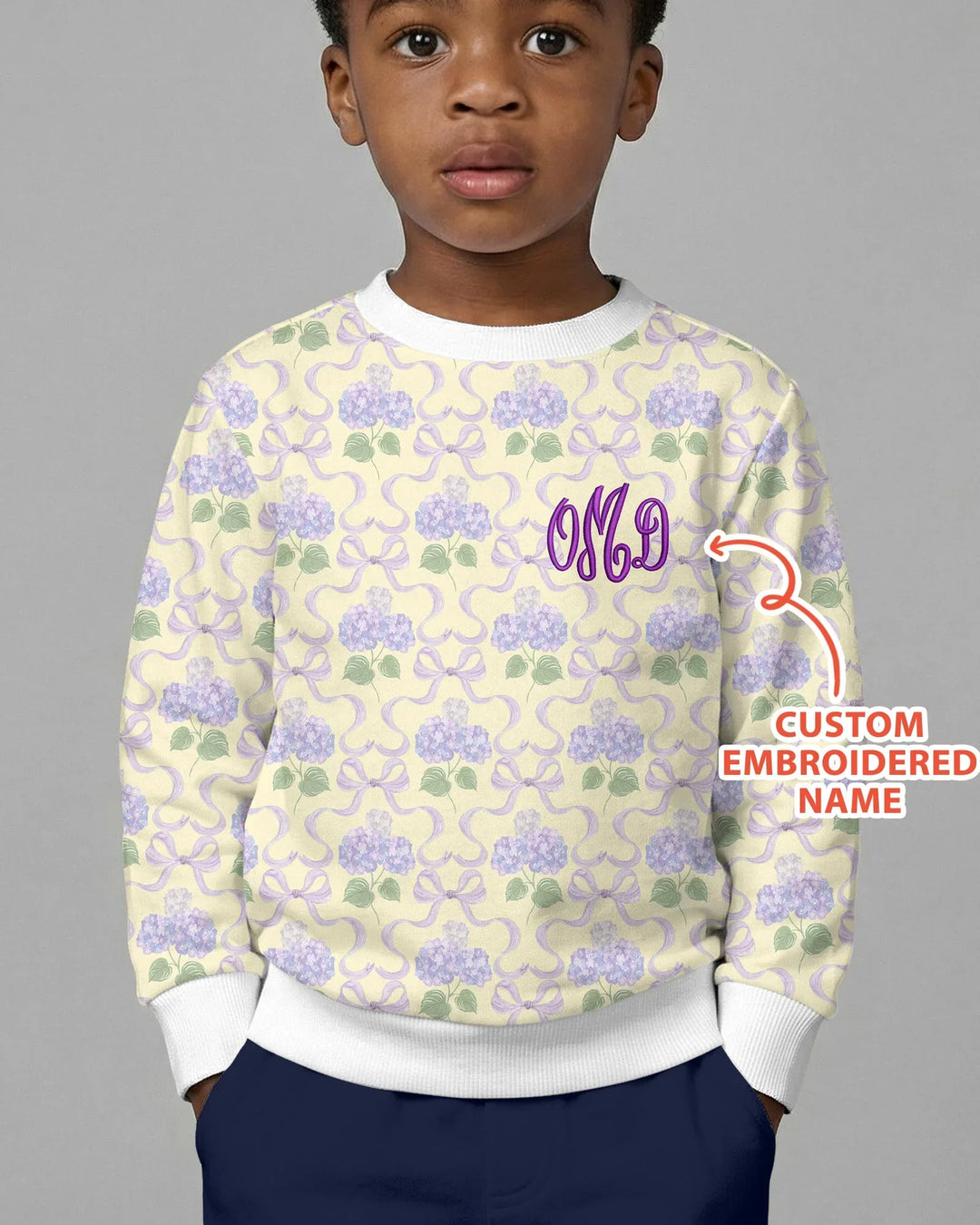 Personalisierbares Sweatshirt mit bestickter Hortensie „Welcome Home“ aus Bambus