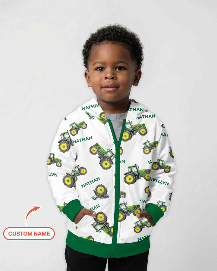 Custom Name Green Tractors Matching Daddy & Me Bamboo Zip Hoodie